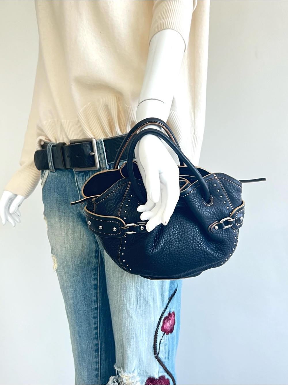 COLE HAAN Mini Black Pebbled Leather Studded Drawstring Boho Shoulder Handbag